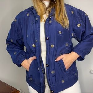 Vintage Navy Blue Gold Nautical Silk Bomber Jacket